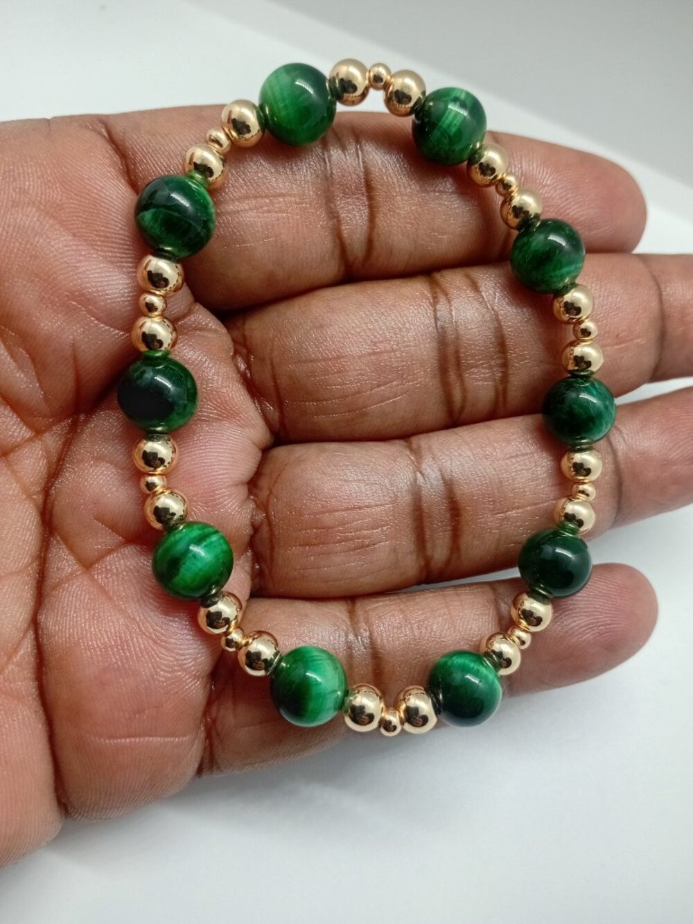 Bracelet Bar 14K Gold Filled Stretch Bead Bracelet Green Tiger's Eye 6.5" 7.5"
